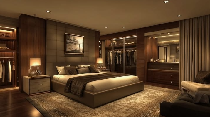 A luxurious, dark-wood bedroom featuring built-in closets, warm ambient lighting, and rich brown tones, showcasing sophisticated bedroom makeover ideas on a budget for a high-end feel.