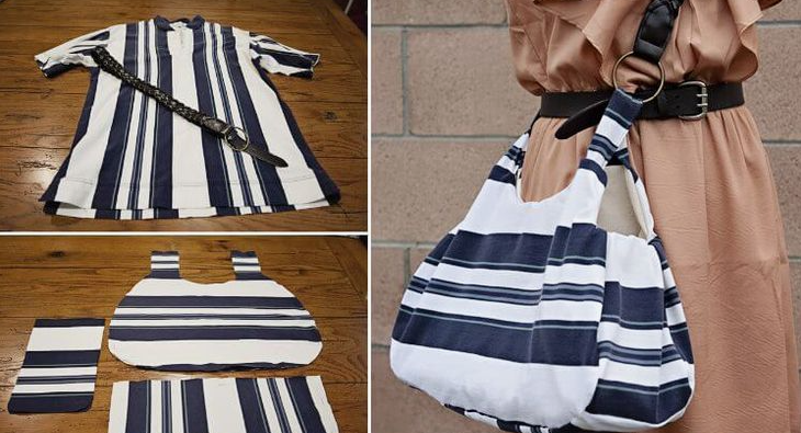 A before and after demonstration showing an old blue and white striped shirt transformed into a stylish shoulder tote bag for DIY crafts using things you have at home.