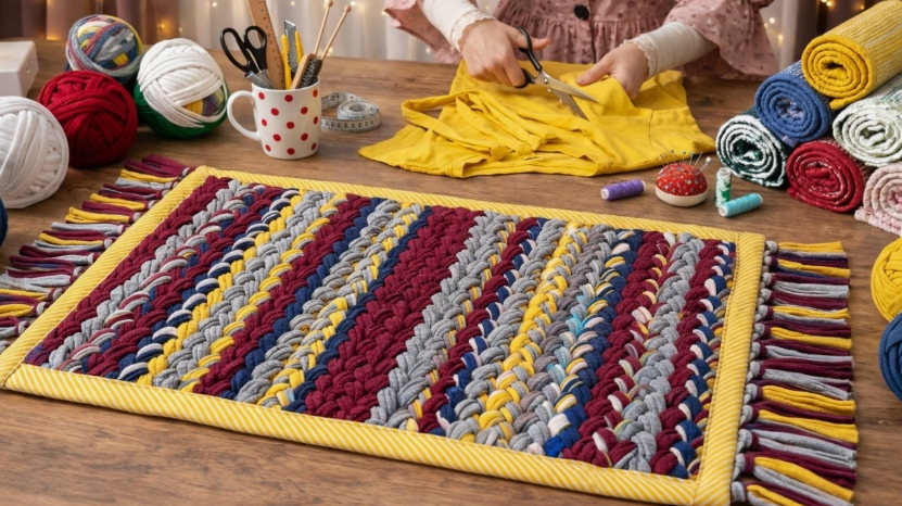 A colorful braided rag rug with fringed edges displayed on a craft table surrounded by yarn balls for DIY crafts using things you have at home.