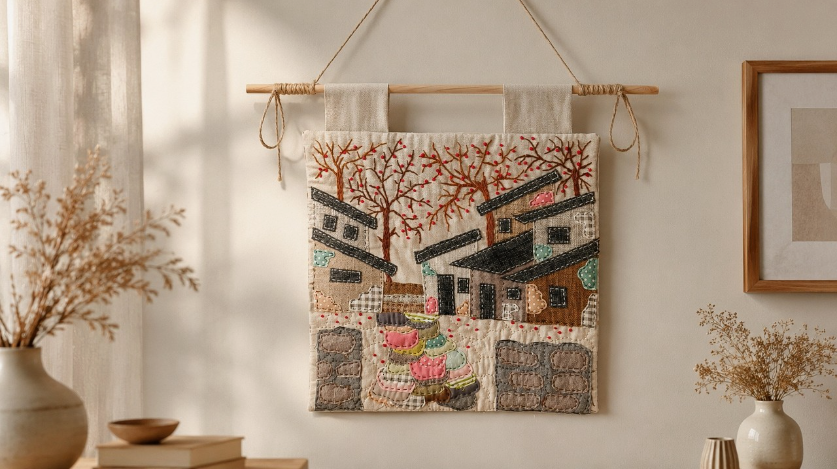 A quilted wall hanging featuring stitched houses, bare trees, and patchwork elements displayed as part of DIY crafts using things you have at home.