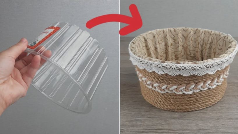 A before and after demonstration showing a plastic container transformed into a chic fabric-lined storage basket wrapped in jute rope for DIY crafts using things you have at home.