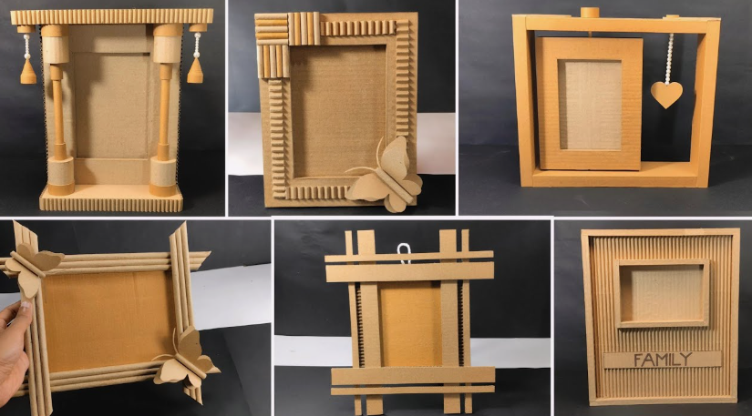 A collage of six different handmade picture frames crafted entirely from corrugated cardboard, showcasing creative DIY crafts using things you have at home.