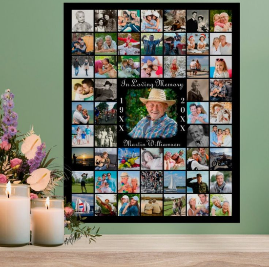 A large photo collage poster framed in black, featuring a memorial layout with numerous small pictures surrounding a central portrait for DIY crafts using things you have at home.