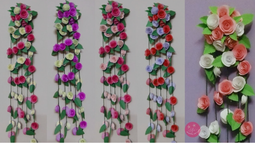 A collage of five hanging floral garlands made from colorful paper roses and green leaves for DIY crafts using things you have at home.