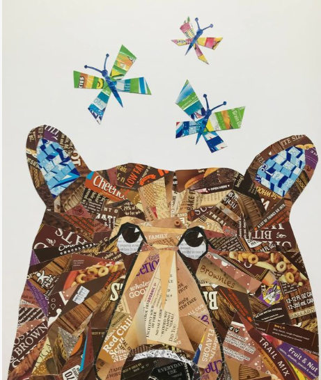 A handmade collage of a bear's face surrounded by paper butterflies, all crafted from upcycled food packaging and cardboard boxes for DIY crafts using things you have at home.