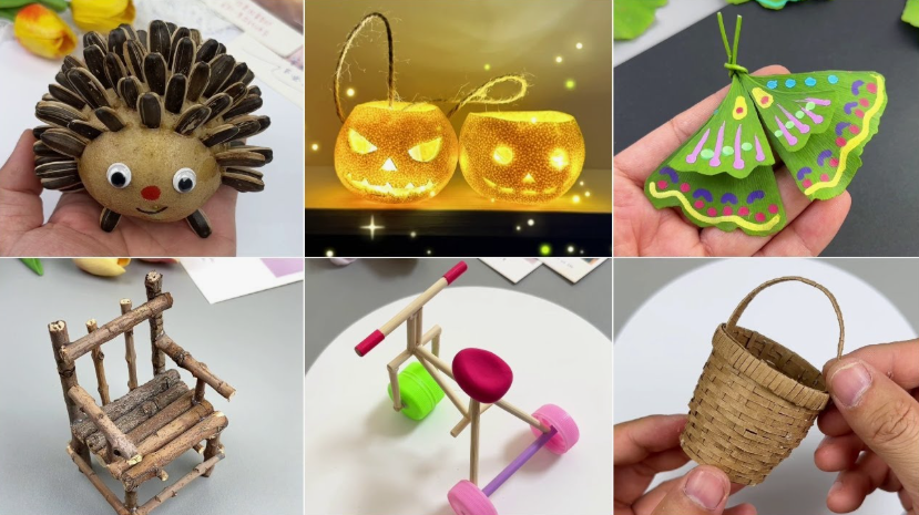 A collage of six creative crafts, including a hedgehog made with sunflower seeds, glowing jack-o'-lanterns, and twig furniture for DIY crafts using things you have at home.