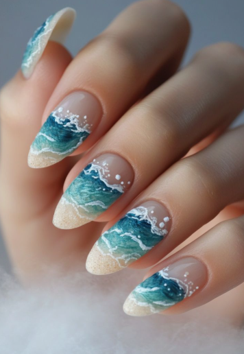 15 Stunning 3D Nail Designs to Try This Season Creative 3D nail designs featuring detailed ocean waves crashing onto textured sandy shores with foam accents.