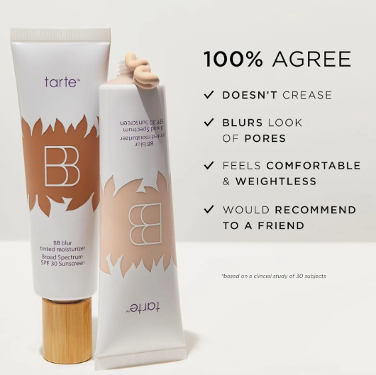 The Minimal Makeup Guide: How to Look Polished With Less Makeup Two Tarte BB blur tinted moisturizer SPF 30 sunscreen tubes displayed alongside text highlighting clinical study results like "100% agree doesn't crease."