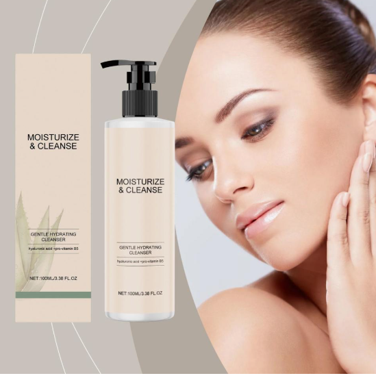 The Minimal Makeup Guide: How to Look Polished With Less Makeup A bottle of Moisturize & Cleanse Gentle Hydrating Cleanser displayed next to a portrait of a woman touching her smooth face.