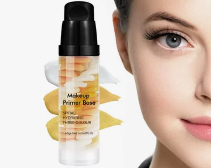 The Minimal Makeup Guide: How to Look Polished With Less Makeup A pump bottle of spiral hydrating three-colour makeup primer base displayed next to a close-up of a model's face.