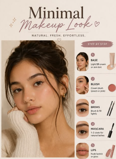 The Minimal Makeup Guide: How to Look Polished With Less Makeup An instructional graphic for a natural "Minimal Makeup Look" featuring a portrait of a woman and a step-by-step guide for base, blush, brows, mascara, and lips.