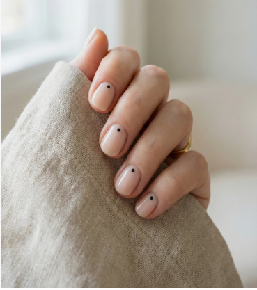 Neutral nude short nails featuring a single minimalist black dot accent showcasing low-maintenance nail designs.