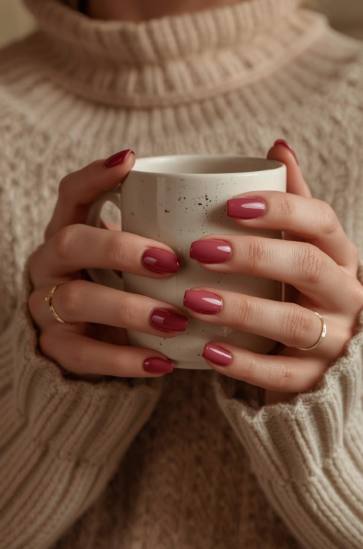 Glossy muted berry red short square nails holding a speckled mug showcasing low-maintenance nail designs.