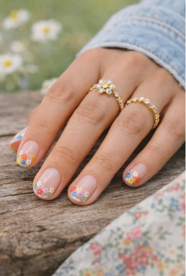 Glossy sheer short nails featuring colorful miniature floral nail art tips showcasing low-maintenance nail designs.