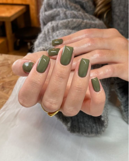 Glossy olive green short square nails showcasing low-maintenance nail designs.