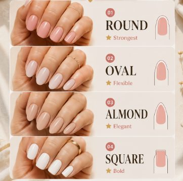 Infographic comparing round, oval, almond, and square nail shapes showcasing low-maintenance nail designs.