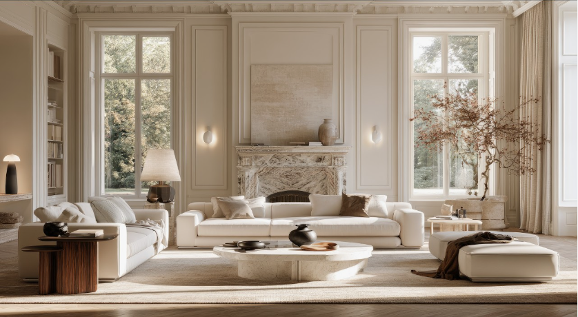 A sophisticated, light-filled living room featuring a neutral color palette of cream, beige, and warm taupe, styled to look expensive on a budget.