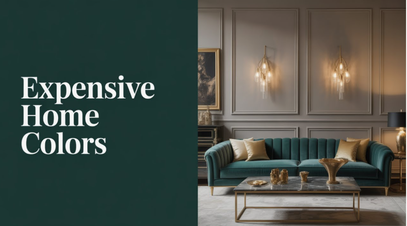 An elegant living room featuring deep teal wall paneling, a tufted green velvet sofa, a marble-topped coffee table, and warm gold sconces, showcasing expensive home colors.