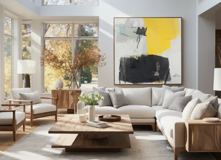 A bright, sunlit modern living room featuring a large sectional sofa, a wooden coffee table, matching armchairs, and a vibrant abstract art piece with yellow and black accents on the wall.