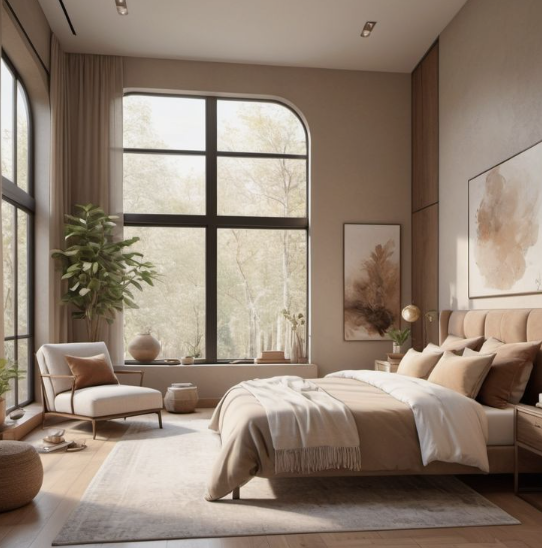 A serene, sunlit modern bedroom featuring large arched windows, neutral beige walls, a tufted upholstered bed with layered earth-toned pillows, and an accent armchair.