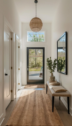 A bright, welcoming entryway featuring a textured runner rug, a black-framed front door with a transom window above, a woven pendant light, a slim bench with a mirror, and natural accents styled to look expensive on a budget.