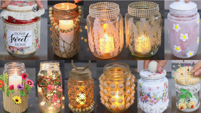 A glass jar decorated with burlap fabric, floral patterns, twine, and a "Home Sweet Home" label.