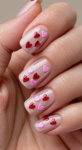 15 Stunning 3D Nail Designs to Try This Season Chic 3D nail designs featuring glossy red and pink heart embellishments scattered across a neutral nude base.