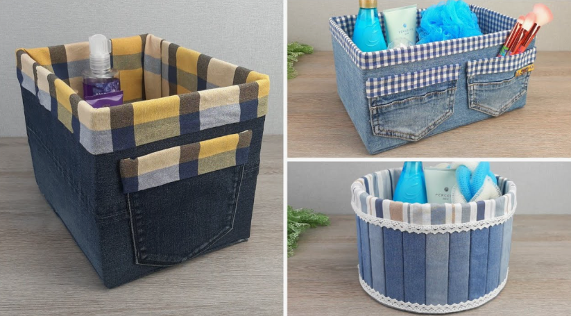 A square fabric storage basket made from denim with a plaid lining and a matching outer pocket.