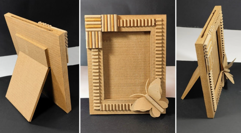 A cardboard picture frame decorated with rolled paper tubes and a 3D cardboard butterfly accent, shown from the back, front, and side angles.