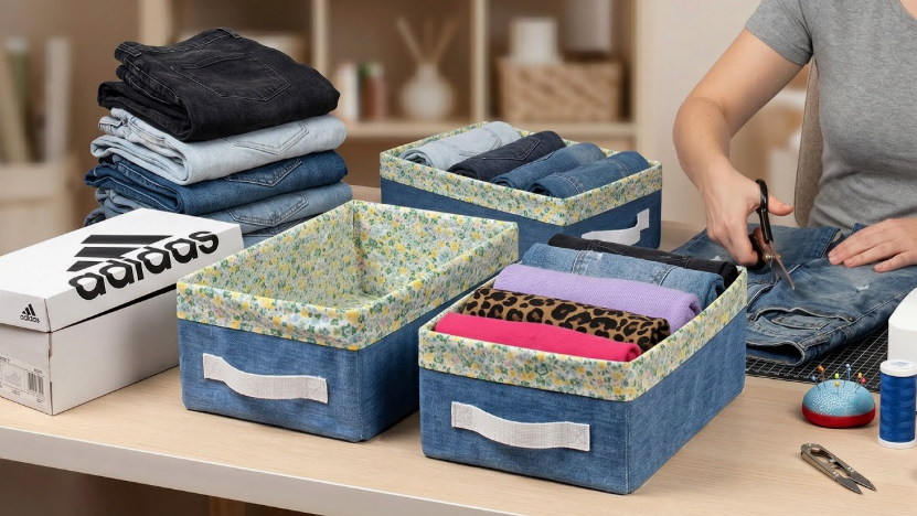 A DIY setup showing storage baskets crafted from old denim jeans and floral fabric lining, with a person cutting denim at a table.