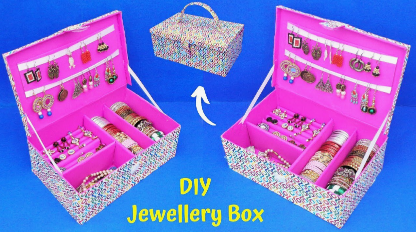 A DIY jewelry box covered in patterned paper, featuring organized compartments for earrings, rings, and bangles, shown both open and closed.