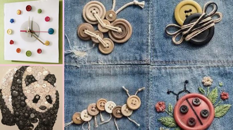 A collage of button art projects featuring a wall clock with colored button hour markers, a button-and-string butterfly on denim, a layered button bow, a mosaic portrait of a panda made from various buttons, a button caterpillar, and a ladybug craft surrounded by embroidered flowers.