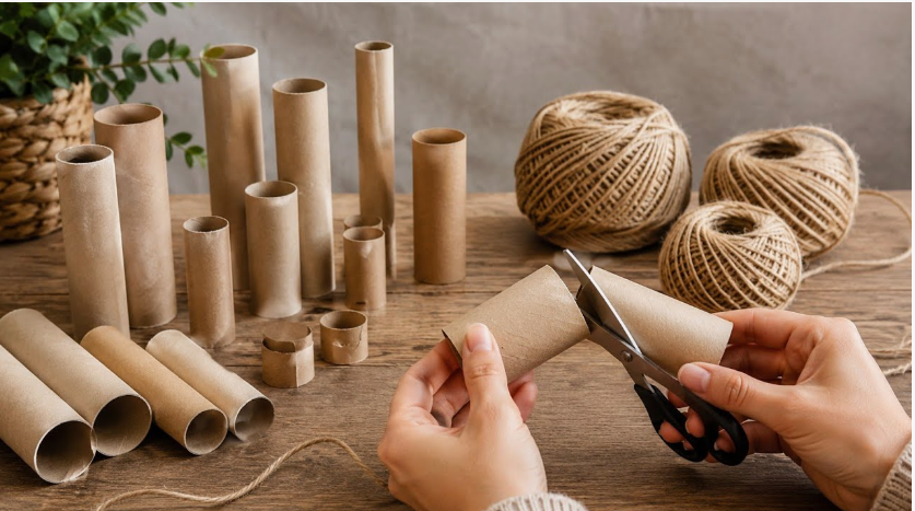 A DIY craft setup featuring cardboard tubes of various lengths, balls of jute twine, and a pair of scissors cutting a tube.