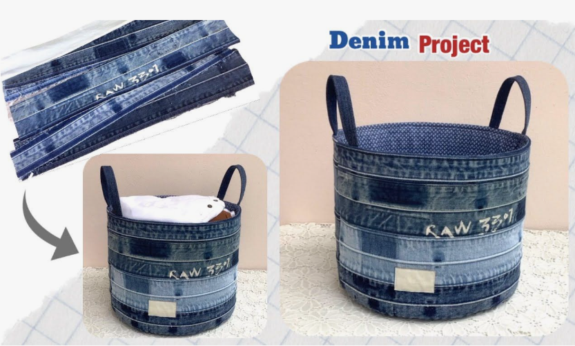 A DIY denim project showing strips of recycled jeans transformed into a round storage basket with fabric lining and handles.