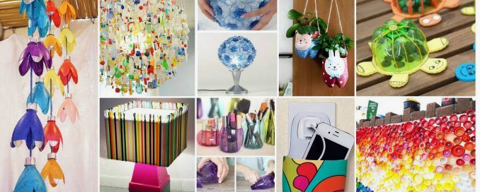 imageA collage of various upcycled crafts made from plastic bottles and caps, including a colorful flower mobile, a hanging chandelier, decorative desk lamps, animal-shaped hanging planters, a turtle toy, a pencil-wrapped storage box, a phone charging holder, and a vibrant bottle-cap mosaic wall.