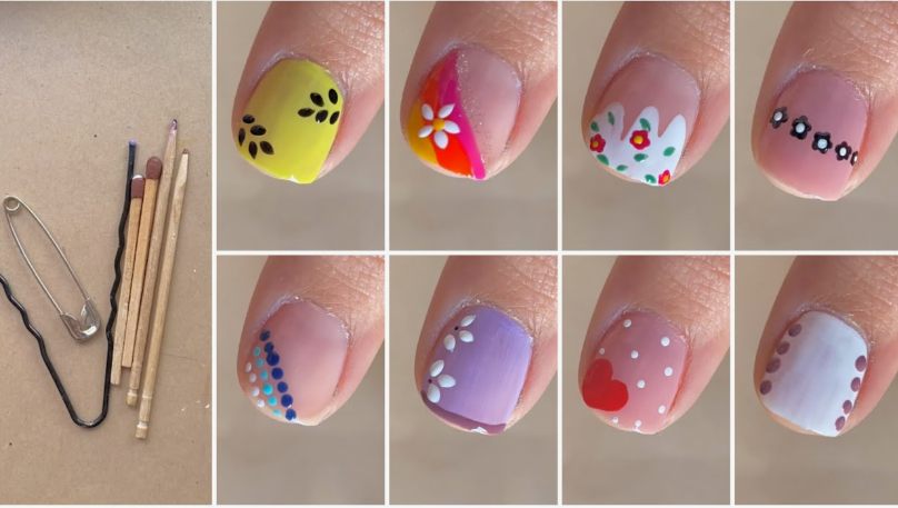 A step-by-step tutorial showing easy nail designs for short nails, featuring household tools like safety pins, matches, and toothpicks alongside painted nail art options including floral patterns, polka dots, stripes, and mini hearts.