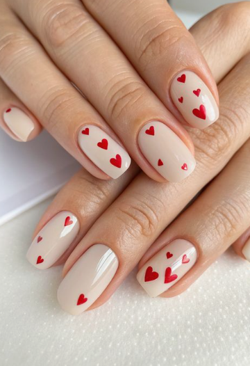 Short, glossy nude-beige nails decorated with scattered tiny red heart accents of varying sizes, serving as a charming example of easy nail designs for short nails.