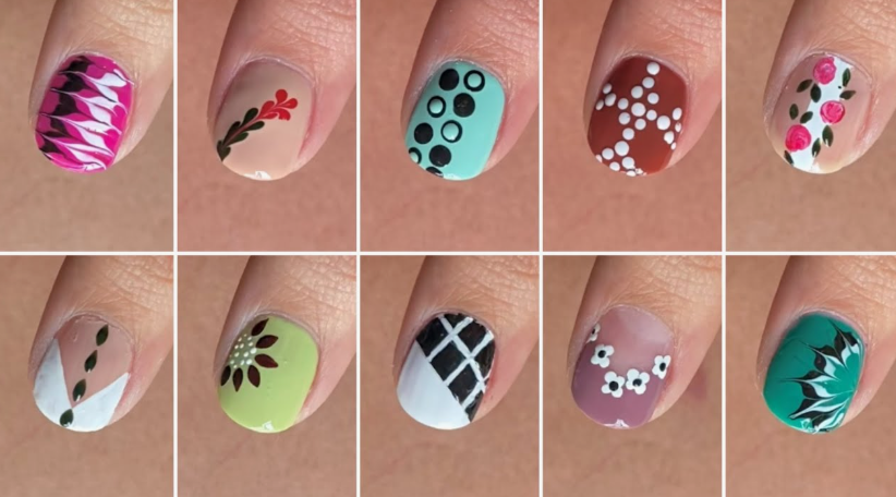Short, rounded nails showcasing a grid of ten distinct mini nail art tutorials featuring varied techniques like water marble, dotting tools, floral patterns, and geometric lines, making a comprehensive and creative guide for easy nail designs for short nails.