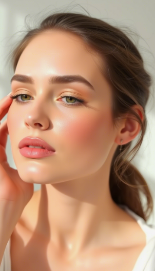 A close-up beauty portrait of a model showcasing Spring 2026 makeup trends, featuring luminous dewy skin, defined arches, soft neutral eyeshadow, and pink gradient lips.