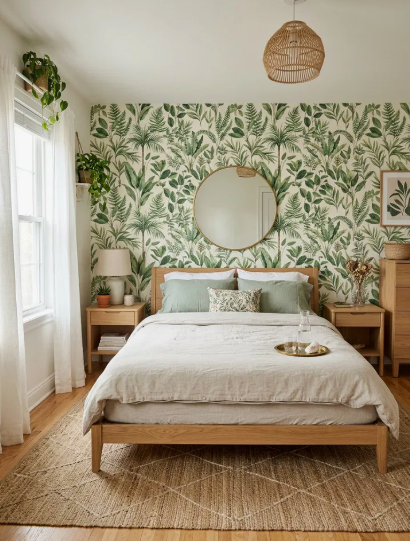 A cozy bedroom featuring a wooden bed frame with light bedding, a striking green botanical leaf wallpaper accent wall behind the bed complete with a round mirror, matching wooden nightstands, a textured jute area rug, and a woven pendant light hanging from the ceiling, offering refreshing inspiration for renter-friendly home decor ideas.