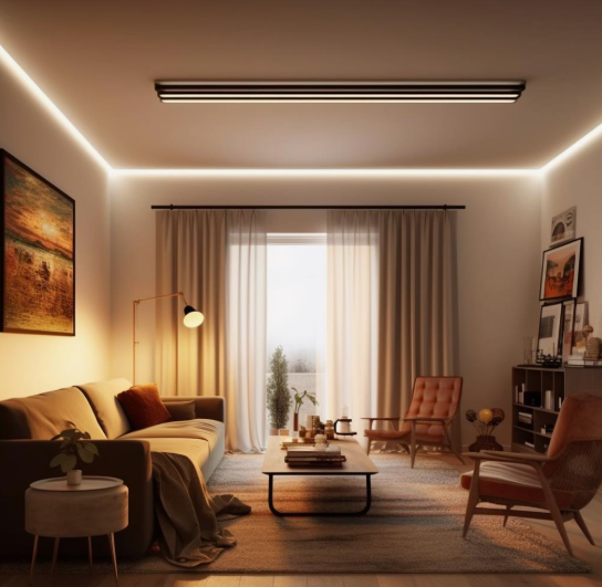 A modern living room featuring warm perimeter ceiling lighting, a long linear ceiling fixture, light-colored curtains framing a window, a neutral sofa with an accent pillow, a low wooden coffee table, a matching armchair, and built-in shelving, offering cozy illumination ideas for renter-friendly home decor.