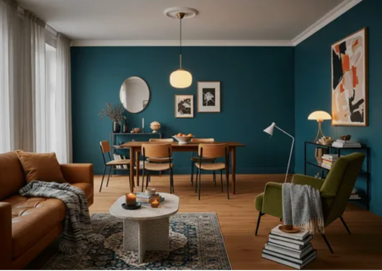 A stylish living and dining space featuring deep teal walls, a warm brown leather sofa, a wooden coffee table on a patterned rug, a matching dining set with a modern pendant light, and an olive green armchair next to a tall abstract art piece, offering inspiring ideas for renter-friendly home decor.