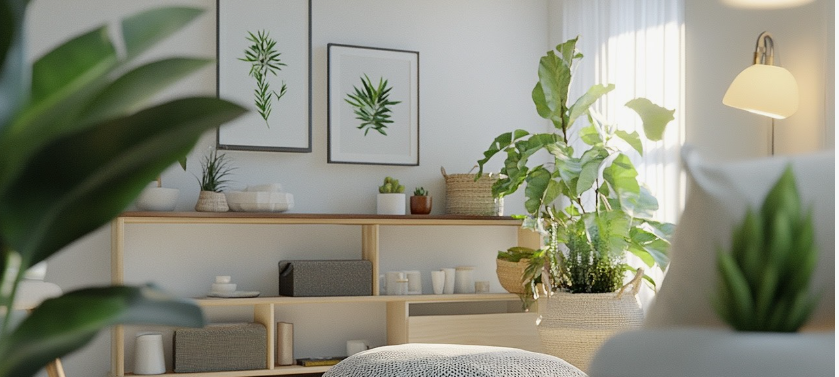 A bright indoor space featuring a light wooden shelf filled with minimalist decor items, small potted plants, and storage boxes, complemented by framed botanical art prints on the wall and large green houseplants, offering fresh inspiration for renter-friendly home decor ideas.