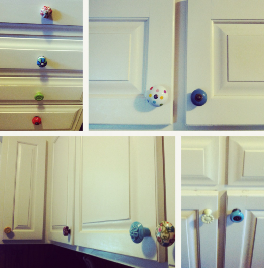 A multi-panel image displaying white kitchen cabinetry updated with an eclectic mix of colorful, patterned, and decorative ceramic knobs and handles, showcasing a fun and easily reversible upgrade that serves as a practical inspiration for renter-friendly home decor ideas.
