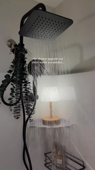 A modern rainfall showerhead in a sleek black finish paired with a handheld shower attachment, a hanging bundle of fresh eucalyptus tied to the fixture, and a cozy small lamp placed on a shower shelf, offering unique design inspiration for renter-friendly home decor ideas.
