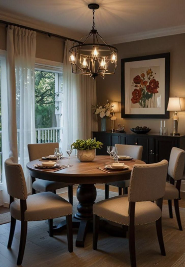 An elegant dining room featuring a round wooden table surrounded by upholstered beige chairs, a rustic black metal chandelier overhead, a sideboard with floral artwork and lamps, and sheer curtains framing the window, offering sophisticated inspiration for renter-friendly home decor ideas.