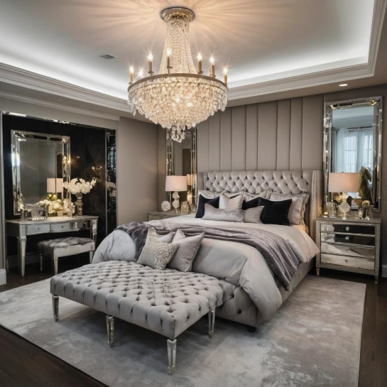 A luxurious bedroom featuring an upholstered tufted bed with matching pillows and a matching bench at the foot of the bed, a grand crystal chandelier overhead, mirrored nightstands and vanity tables, vertical paneled wall accents, and a soft grey area rug, offering elegant inspiration for renter-friendly home decor ideas.