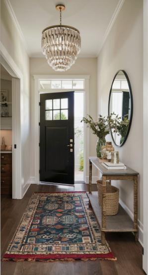 An entryway featuring a dark wood front door, a patterned vintage-style runner rug, a narrow console table with woven storage baskets underneath, a round black-framed wall mirror, and an elegant tiered glass beaded chandelier hanging from the ceiling, offering welcoming and stylish inspiration for renter-friendly home decor ideas.
