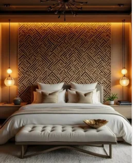 A modern bedroom featuring a dramatic geometric patterned accent wall behind the bed, warm ambient ceiling cove lighting, hanging pendant bedside lamps, layered neutral bedding, and a tufted bench at the foot of the bed, offering sophisticated inspiration for renter-friendly home decor ideas.