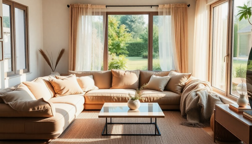 A bright, sunlit living room featuring a large beige sectional sofa with matching pillows and a cozy throw blanket, a glass-top coffee table with a wooden frame, and expansive windows dressed with sheer and peach-toned curtains overlooking green trees, offering warm and inviting inspiration for renter-friendly home decor ideas.